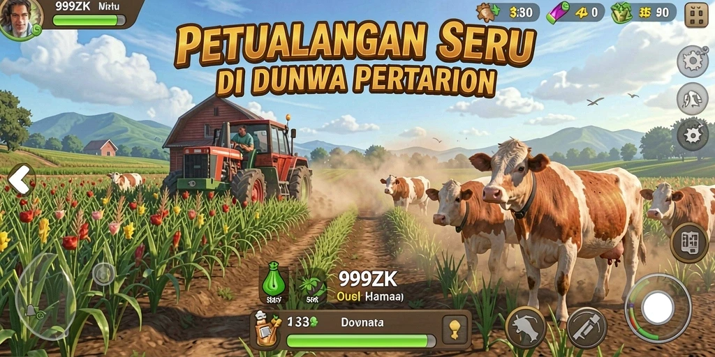 Tampilan gameplay menarik di dunia pertanian lengkap.