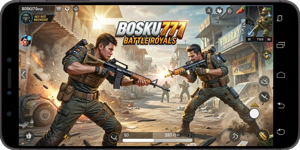 Gameplay mendebarkan dalam <strong>BOSKU777</strong>, menunjukkan aksi Battle Royale.