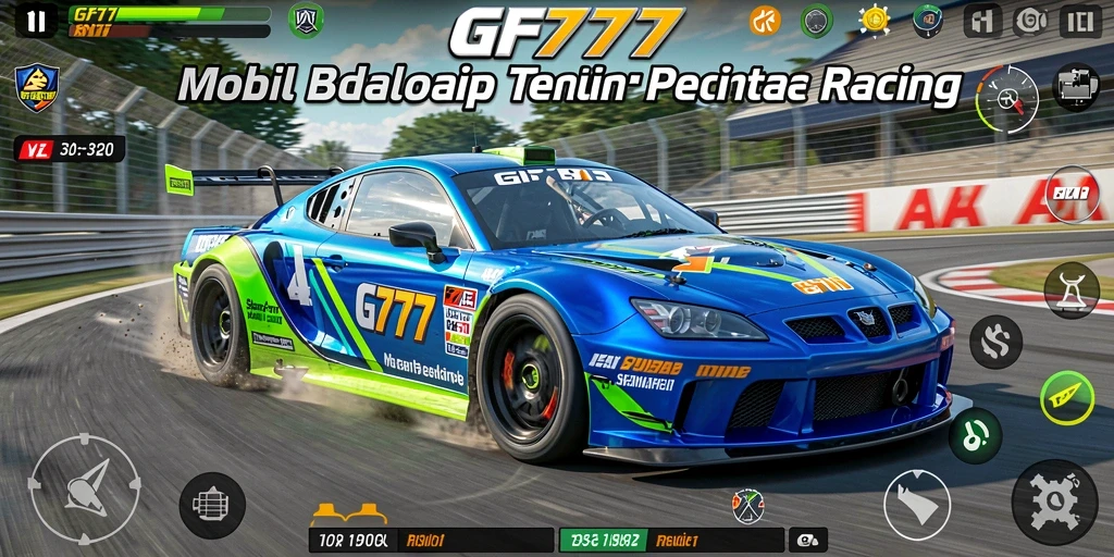 Tampilan gameplay mendebarkan dari GF777 saat mobil melaju kencang di sirkuit.