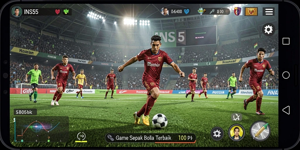 Tampilan gameplay <strong>INS55</strong> yang dinamis di lapangan sepak bola.
