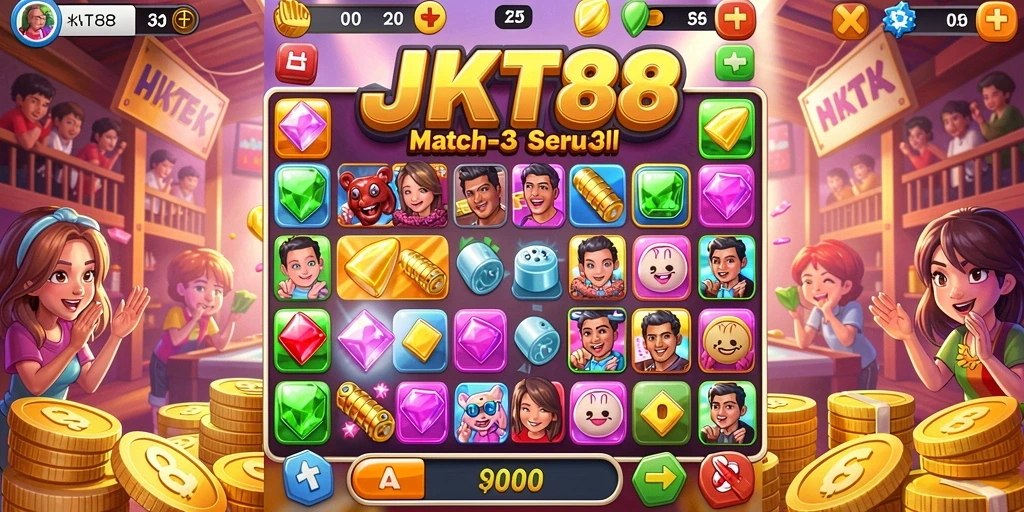 Screenshot gameplay JKT88 yang menampilkan aksi Match-3 yang dinamis.