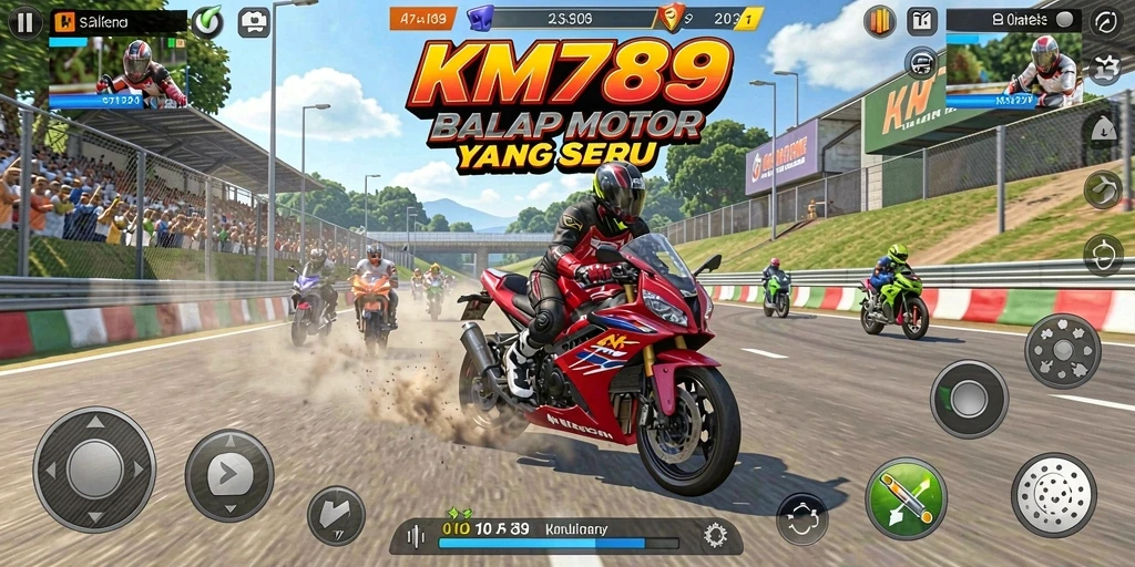 Tangkapan layar KM789 menunjukkan aksi balapan motor yang cepat dan mendebarkan.