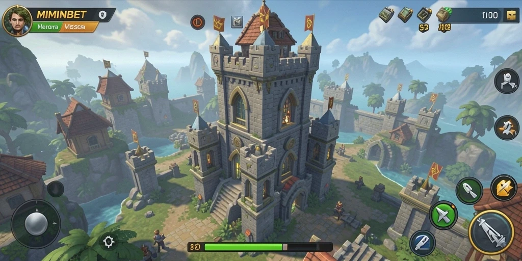 Screenshot gameplay MIMINBET menampilkan pertahanan menara yang strategis.