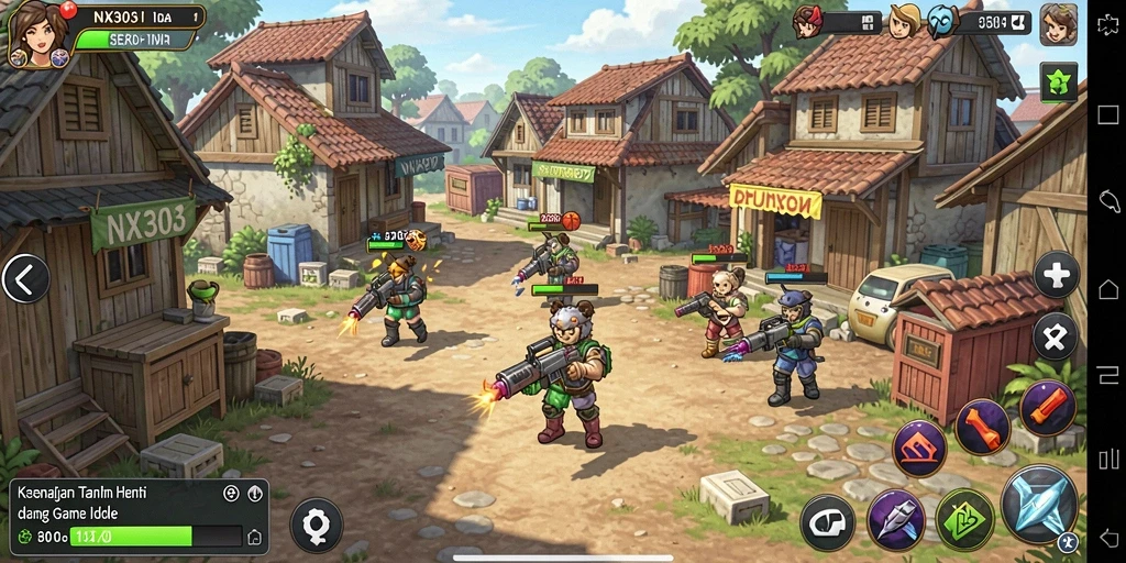 Gameplay NX303 yang santai dengan karakter yang mengumpulkan sumber daya.