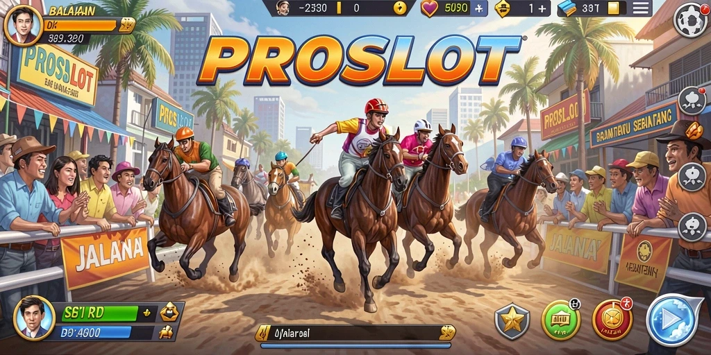 Tangkapan layar utama PROSLOT menampilkan aksi balapan yang mendebarkan.