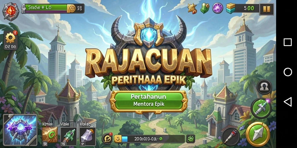 Tangkapan layar RAJACUAN menampilkan aksi menara pertahanan melawan gelombang musuh.