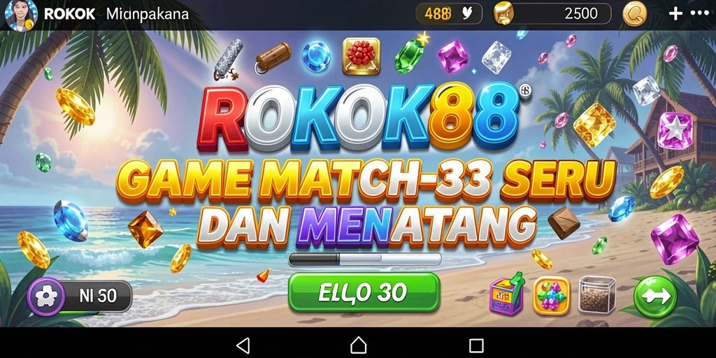Screenshot utama ROKOK88 menampilkan gameplay Match-3 yang seru.